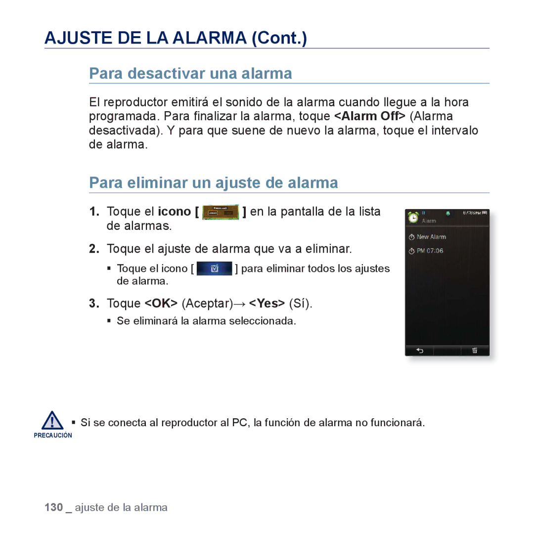 Samsung YP-P3JNS/XEE, YP-P3JCS/XEF manual Ajuste DE LA Alarma, Para desactivar una alarma, Para eliminar un ajuste de alarma 