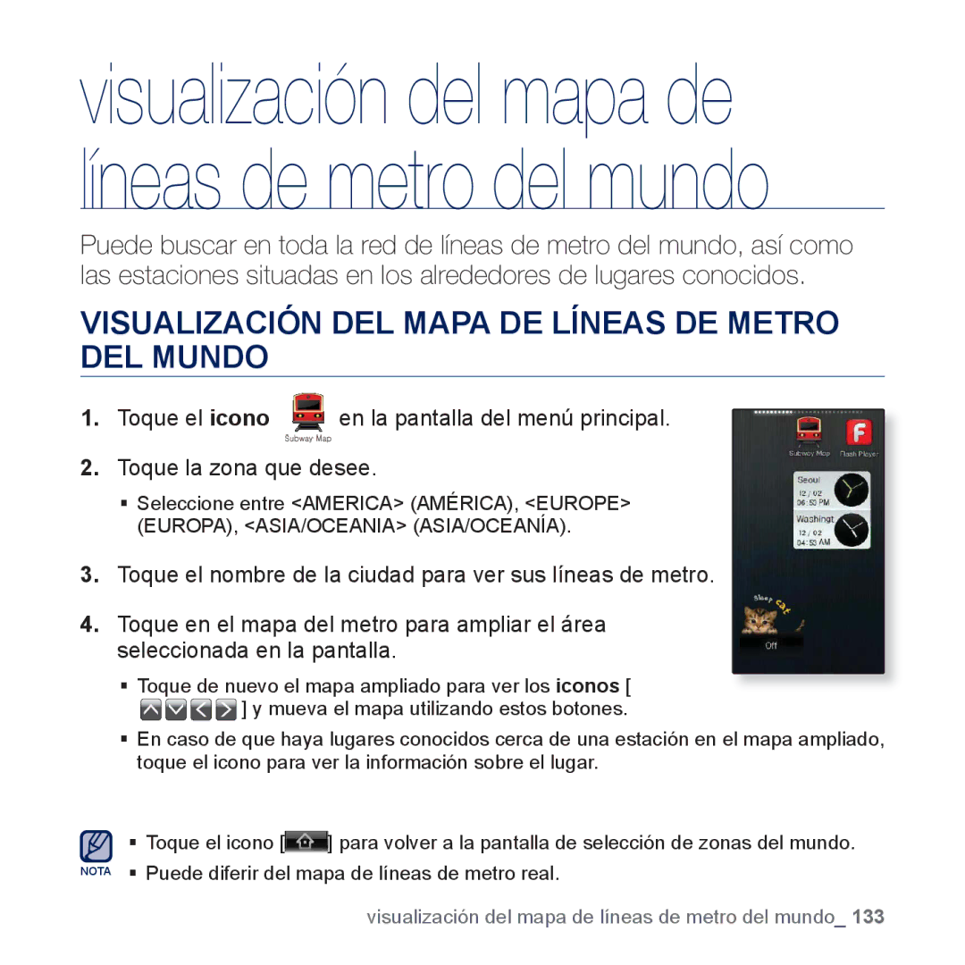 Samsung YP-P3JEB/XEE, YP-P3JCS/XEF, YP-P3JCB/XEF, YP-P3JNS/XEE manual Visualización del mapa de líneas de metro del mundo 