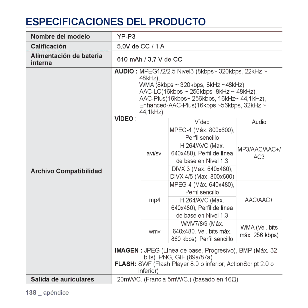 Samsung YP-P3JNS/XEE, YP-P3JCS/XEF, YP-P3JCB/XEF, YP-P3JCS/XEE, YP-P3JES/XEE, YP-P3JEB/XEE manual Especificaciones DEL Producto 