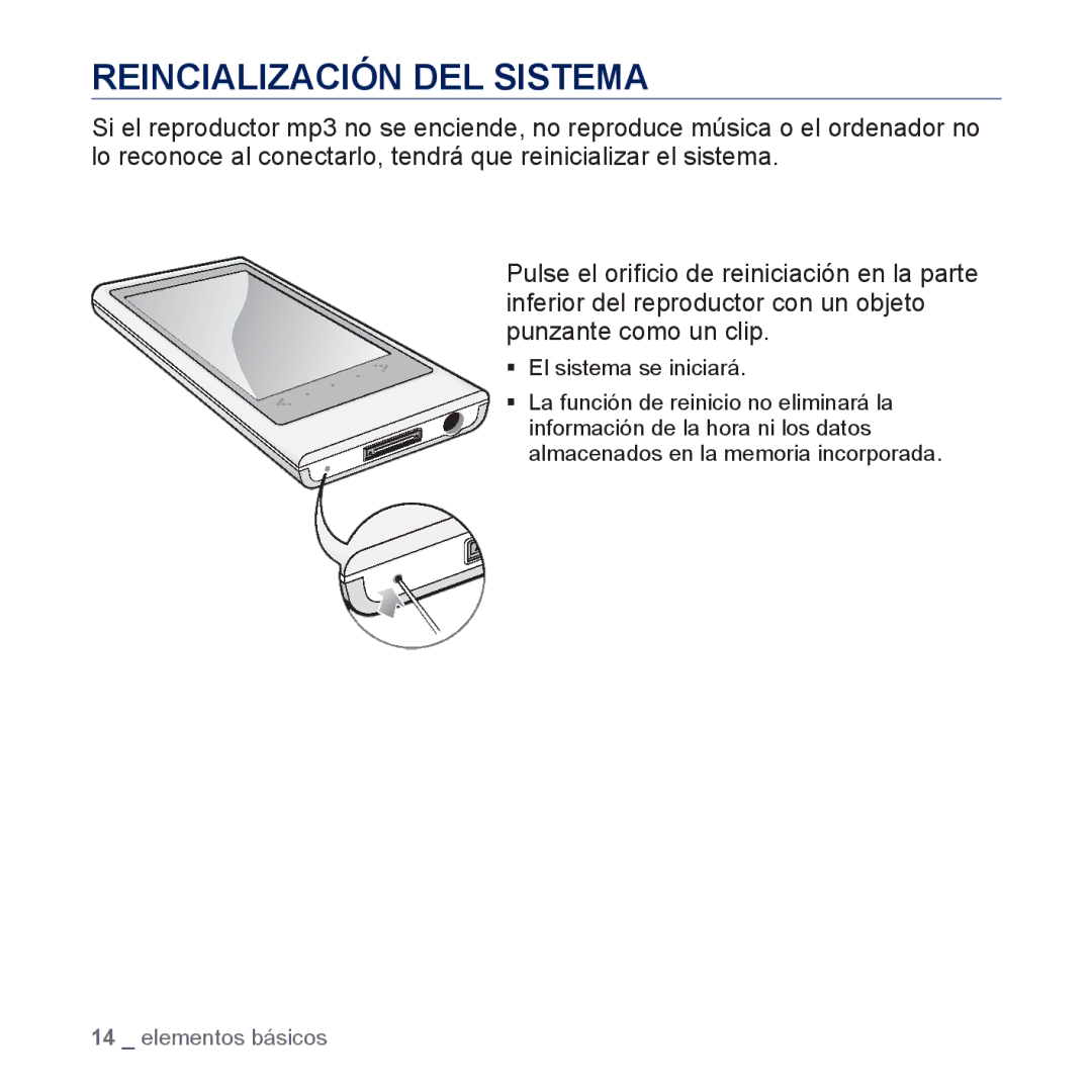 Samsung YP-P3JCB/XEE, YP-P3JCS/XEF, YP-P3JCB/XEF, YP-P3JNS/XEE, YP-P3JCS/XEE, YP-P3JES/XEE manual Reincialización DEL Sistema 