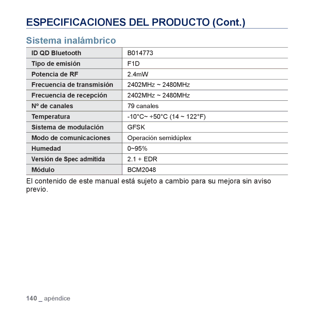 Samsung YP-P3JES/XEE, YP-P3JCS/XEF, YP-P3JCB/XEF, YP-P3JNS/XEE manual Especificaciones DEL Producto, Sistema inalámbrico 