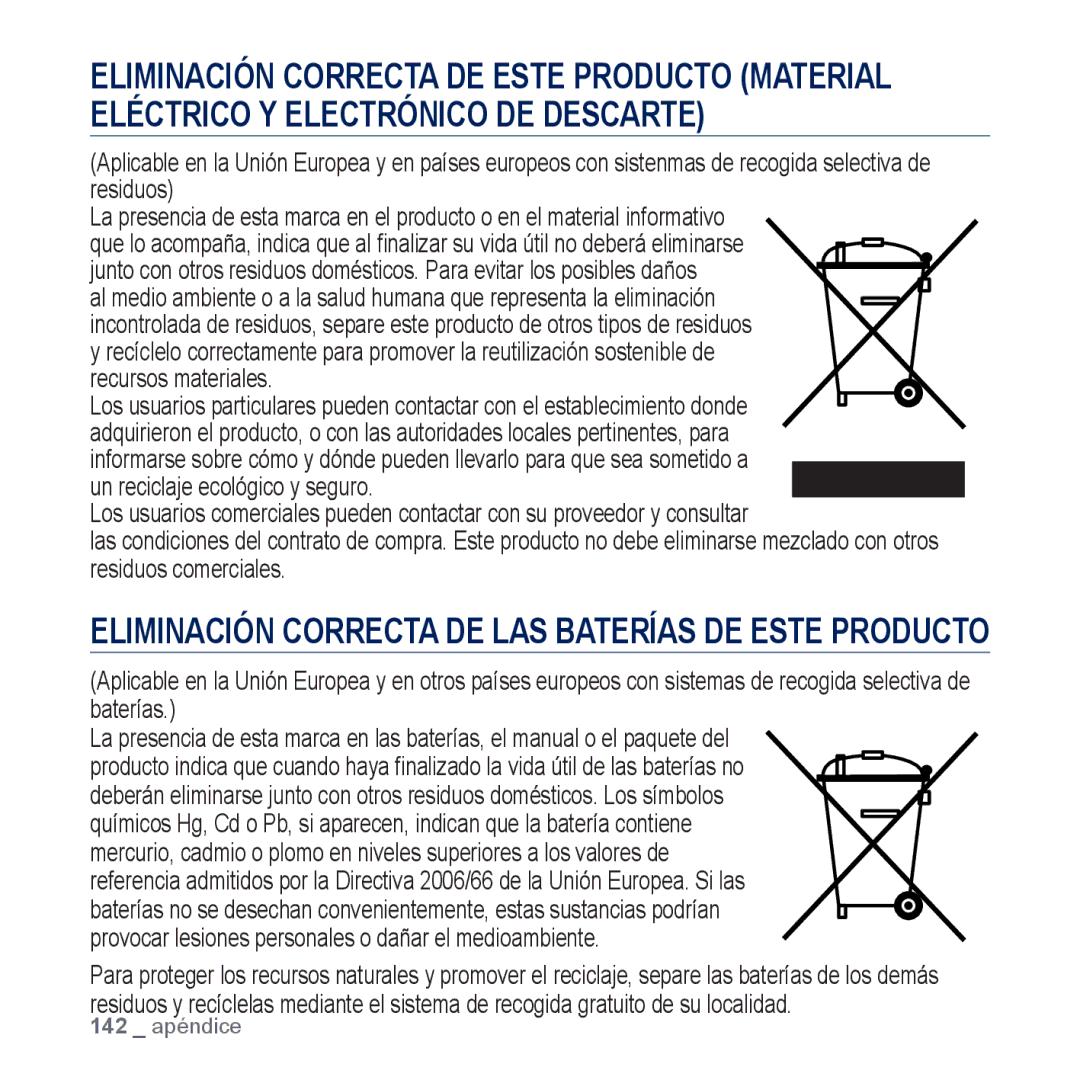 Samsung YP-P3JCB/XEE, YP-P3JCS/XEF, YP-P3JCB/XEF, YP-P3JNS/XEE manual Eliminación Correcta DE LAS Baterías DE Este Producto 