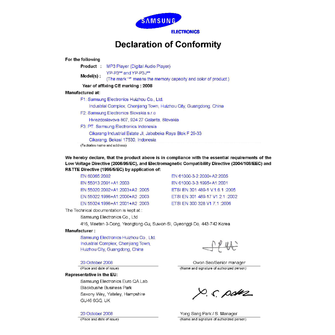 Samsung YP-P3JNB/XEE, YP-P3JCS/XEF, YP-P3JCB/XEF, YP-P3JNS/XEE, YP-P3JCS/XEE, YP-P3JES/XEE, YP-P3JEB/XEE, YP-P3JCB/XEE manual 