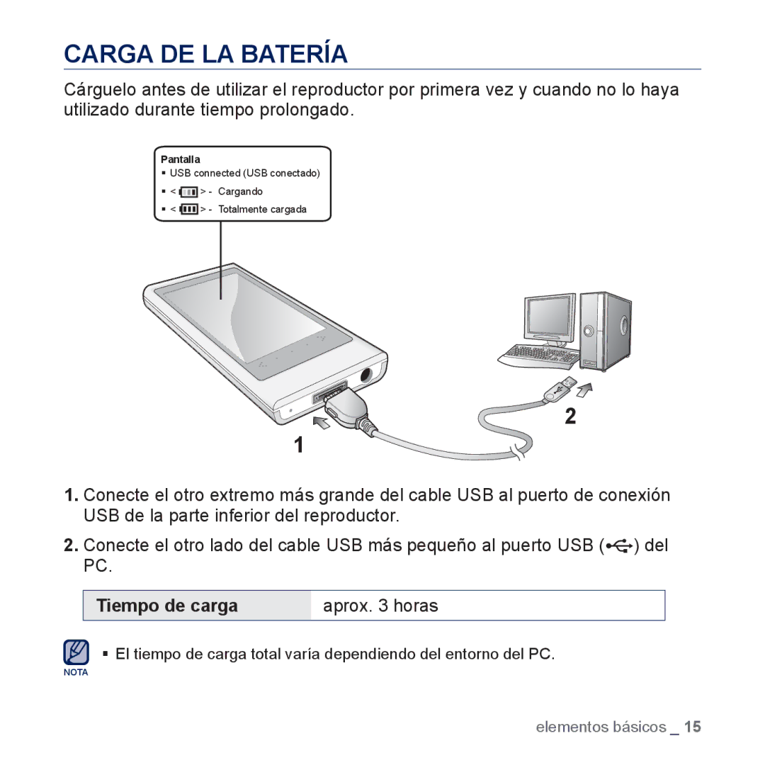 Samsung YP-P3JNB/XEE, YP-P3JCS/XEF, YP-P3JCB/XEF, YP-P3JNS/XEE, YP-P3JCS/XEE Carga DE LA Batería, Tiempo de carga Aprox horas 