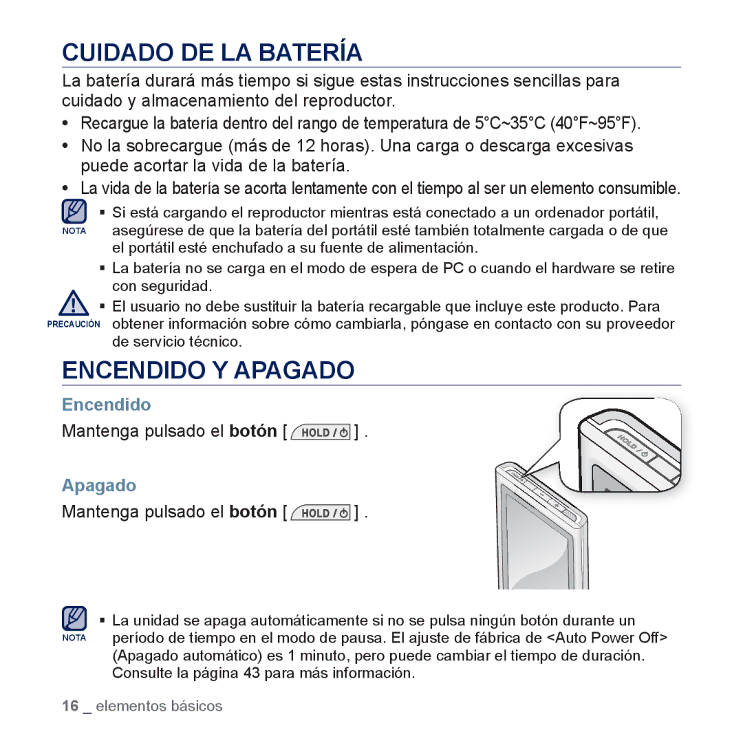 Samsung YP-P3JCS/XEF, YP-P3JCB/XEF, YP-P3JNS/XEE manual Cuidado DE LA Batería, Encendido Y Apagado, Mantenga pulsado el botón 