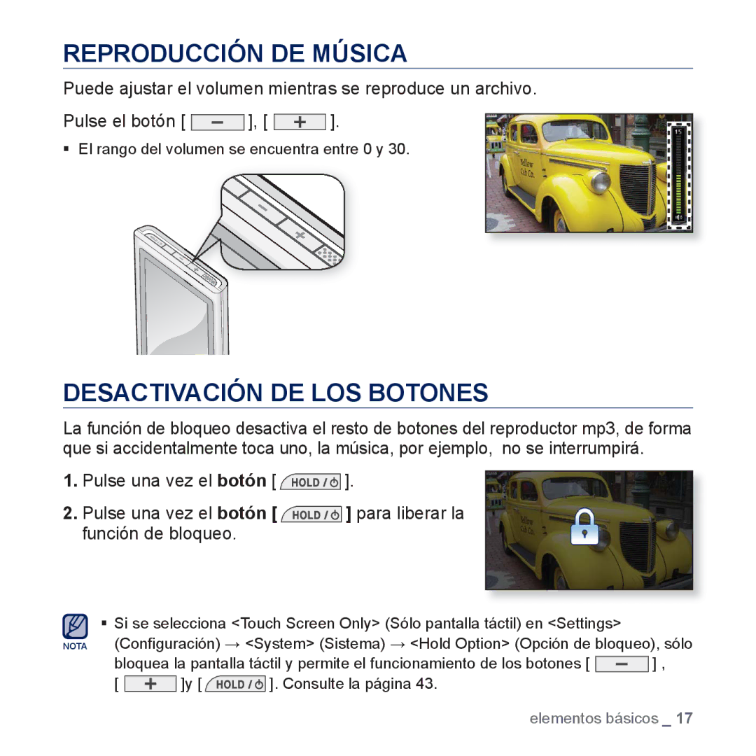 Samsung YP-P3JCB/XEF, YP-P3JCS/XEF, YP-P3JNS/XEE, YP-P3JCS/XEE manual Reproducción DE Música, Desactivación DE LOS Botones 