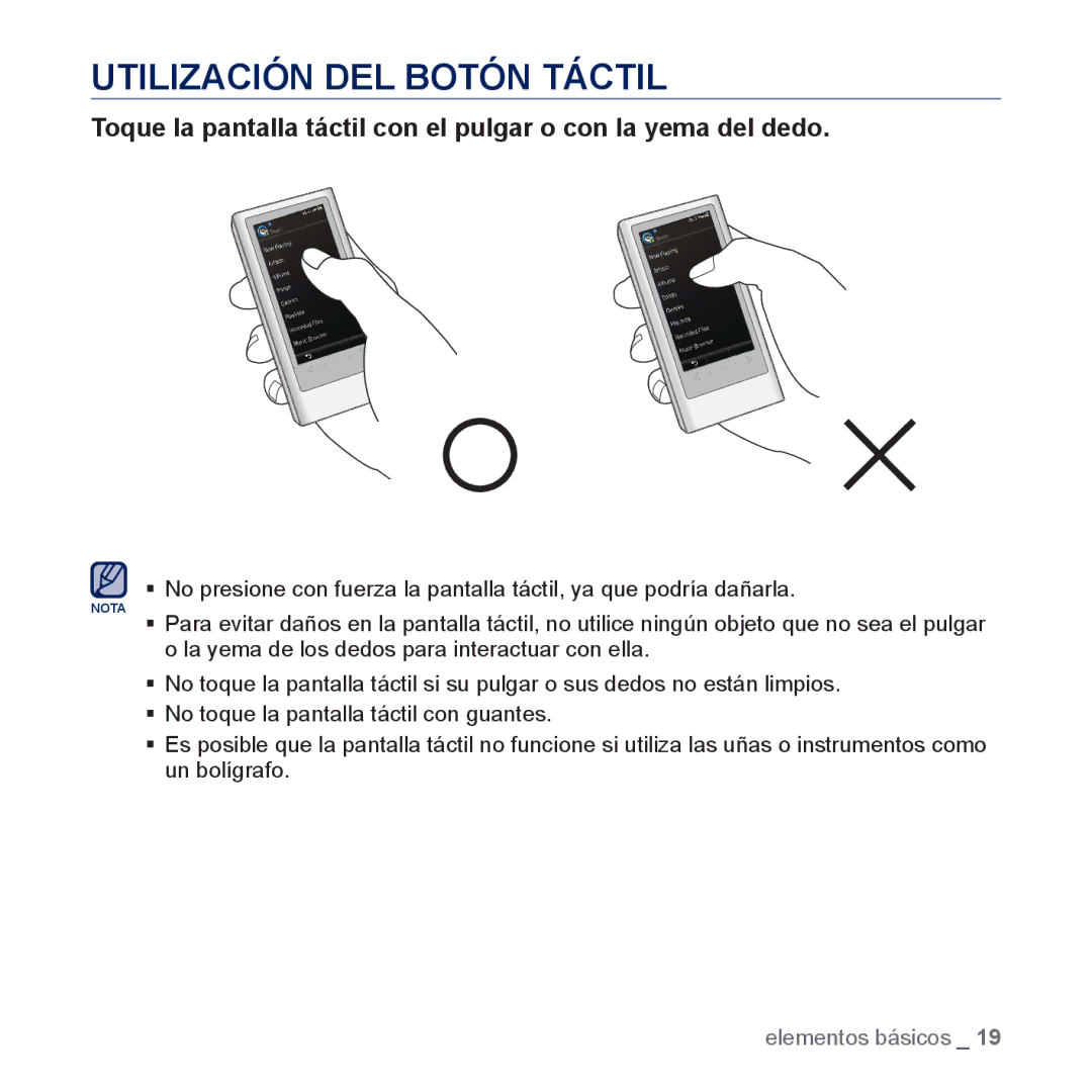 Samsung YP-P3JCS/XEE, YP-P3JCS/XEF, YP-P3JCB/XEF, YP-P3JNS/XEE, YP-P3JES/XEE, YP-P3JEB/XEE manual Utilización DEL Botón Táctil 