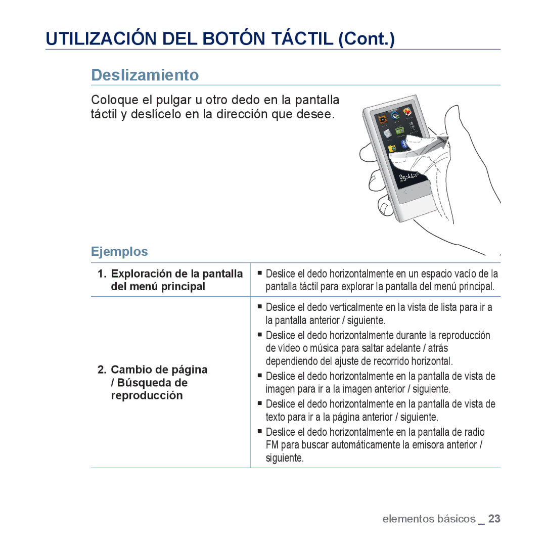 Samsung YP-P3JNB/XEE, YP-P3JCS/XEF manual Deslizamiento, Del menú principal, Cambio de página, Búsqueda de, Reproducción 