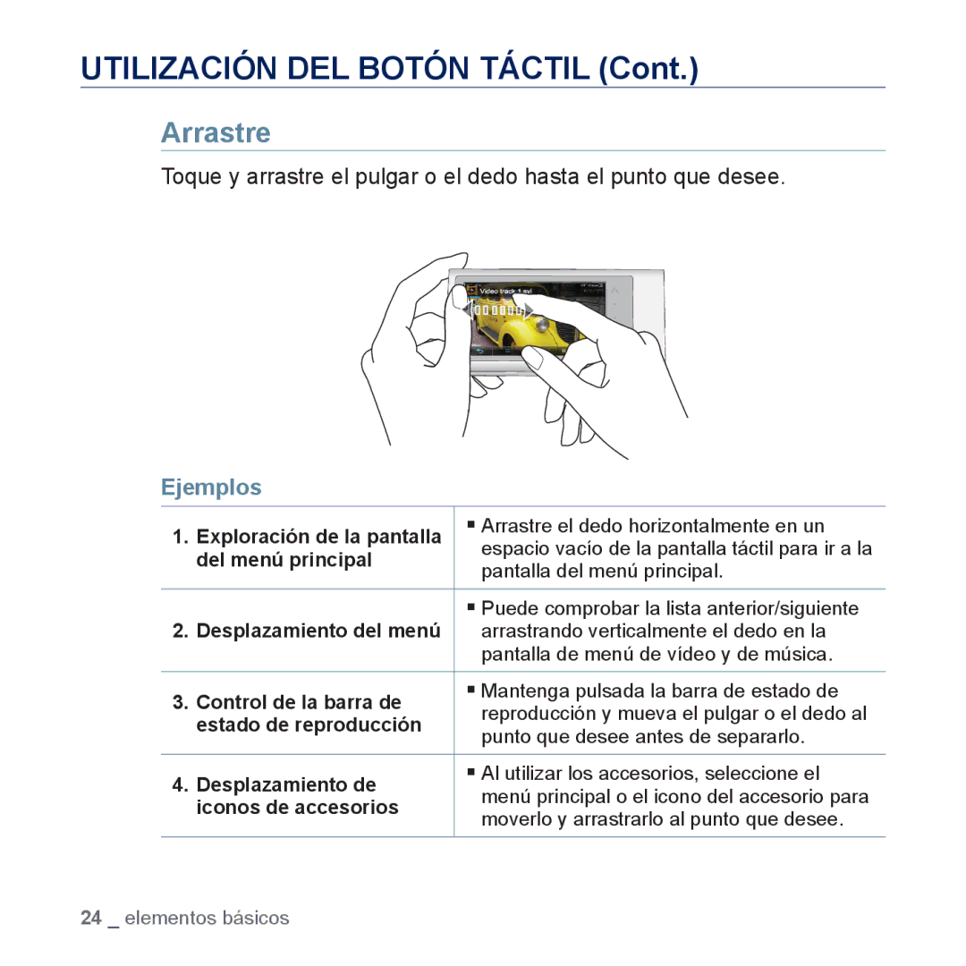 Samsung YP-P3JCS/XEF, YP-P3JCB/XEF manual Arrastre, Pantalla del menú principal, Estado de reproducción, Desplazamiento de 