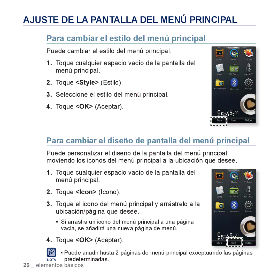 Samsung YP-P3JNS/XEE, YP-P3JCS/XEF Ajuste DE LA Pantalla DEL Menú Principal, Para cambiar el estilo del menú principal 