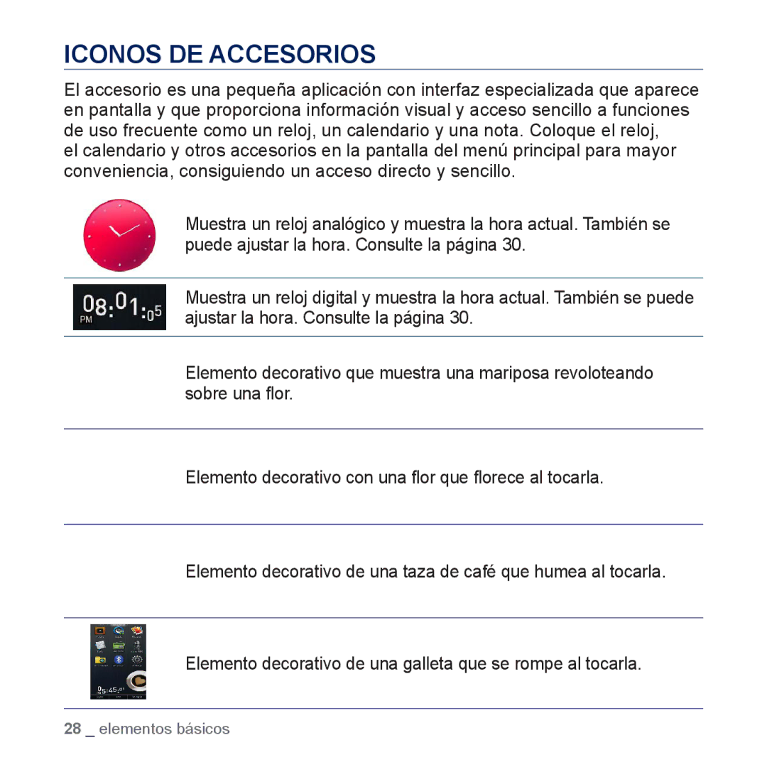 Samsung YP-P3JES/XEE, YP-P3JCS/XEF, YP-P3JCB/XEF, YP-P3JNS/XEE, YP-P3JCS/XEE, YP-P3JEB/XEE, YP-P3JCB/XEE Iconos DE Accesorios 