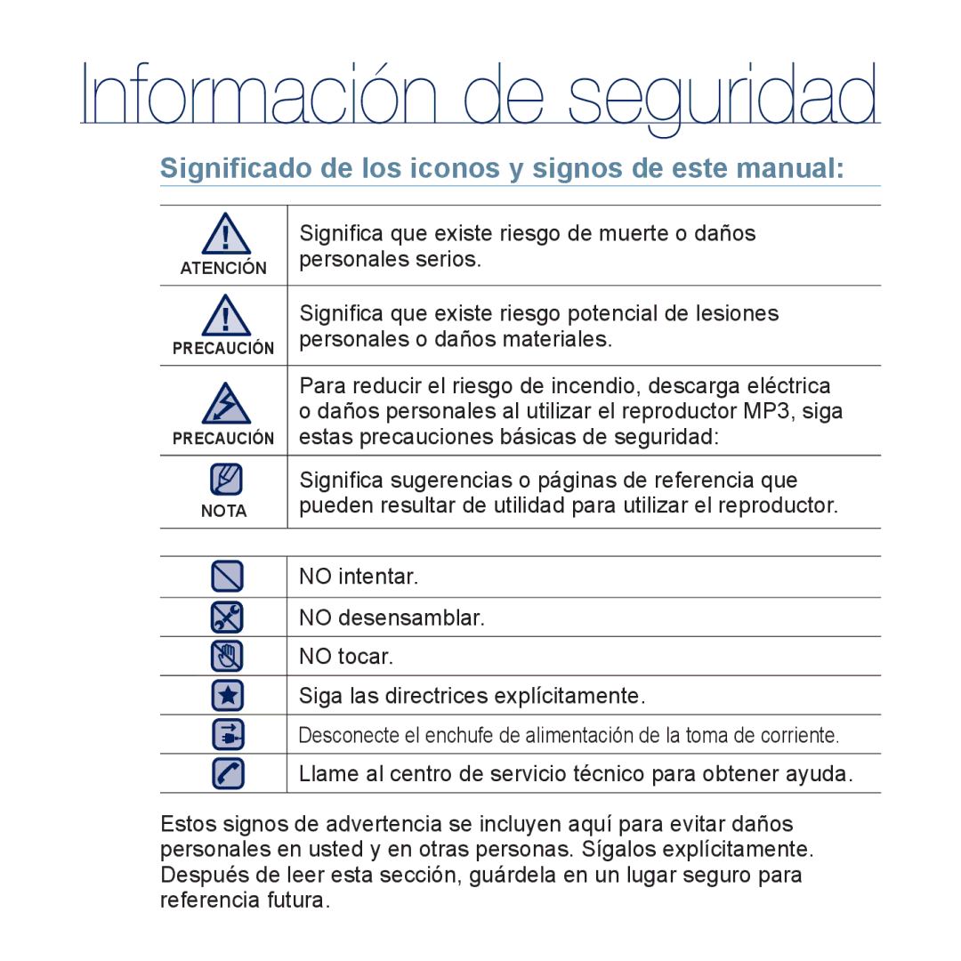 Samsung YP-P3JCS/XEE, YP-P3JCS/XEF, YP-P3JCB/XEF, YP-P3JNS/XEE, YP-P3JES/XEE Signiﬁcado de los iconos y signos de este manual 