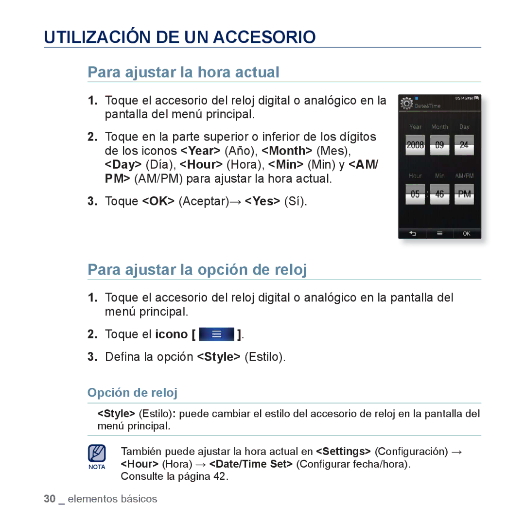 Samsung YP-P3JCB/XEE manual Utilización DE UN Accesorio, Para ajustar la hora actual, Para ajustar la opción de reloj 