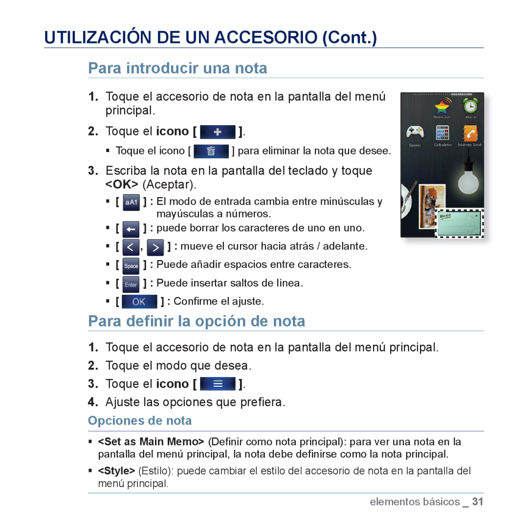 Samsung YP-P3JNB/XEE, YP-P3JCS/XEF Utilización DE UN Accesorio, Para introducir una nota, Para deﬁnir la opción de nota 