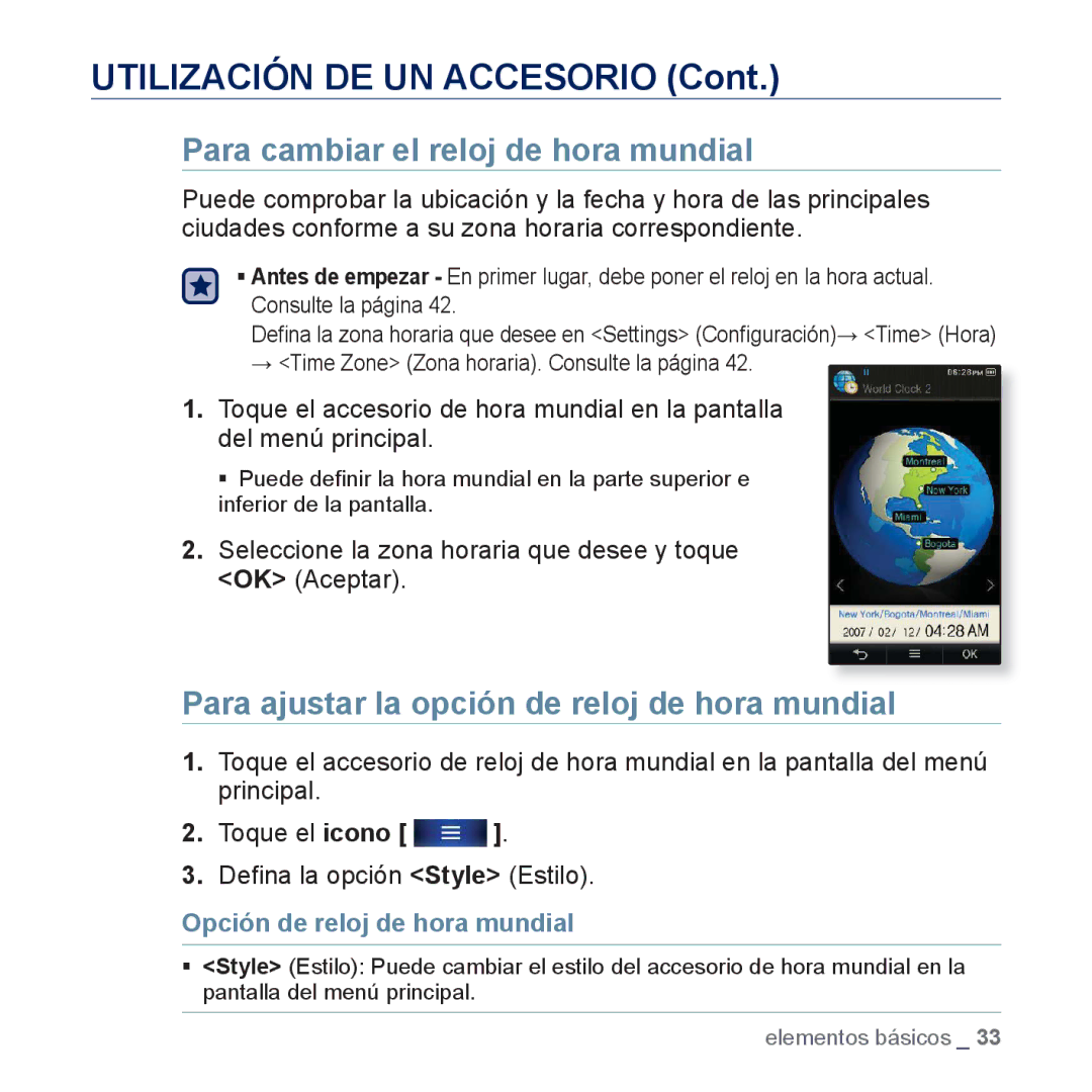 Samsung YP-P3JCB/XEF, YP-P3JCS/XEF Para cambiar el reloj de hora mundial, Para ajustar la opción de reloj de hora mundial 