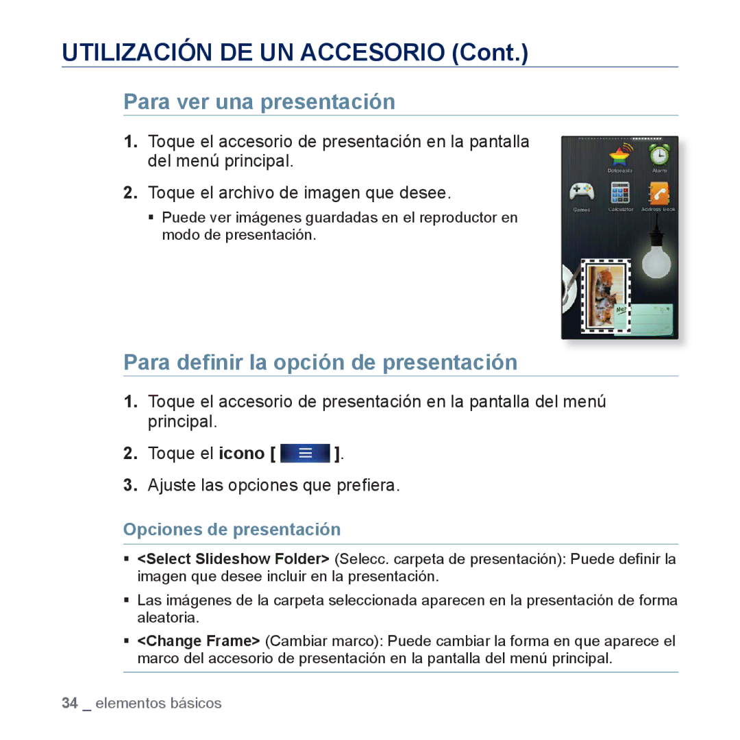 Samsung YP-P3JNS/XEE manual Para ver una presentación, Para deﬁnir la opción de presentación, Opciones de presentación 