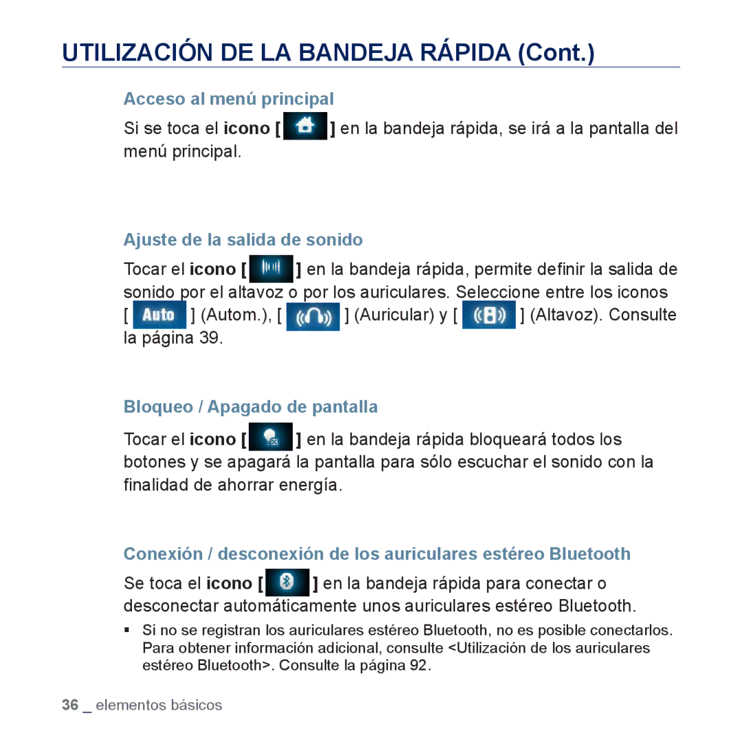 Samsung YP-P3JES/XEE manual Utilización DE LA Bandeja Rápida, Acceso al menú principal, Ajuste de la salida de sonido 