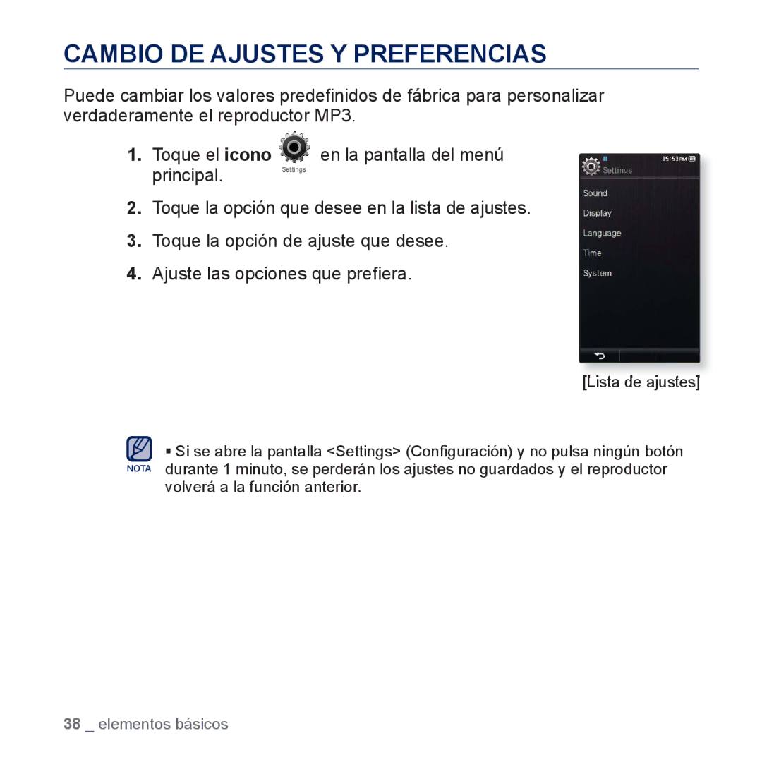 Samsung YP-P3JCB/XEE, YP-P3JCS/XEF, YP-P3JCB/XEF, YP-P3JNS/XEE manual Cambio DE Ajustes Y Preferencias, Lista de ajustes 