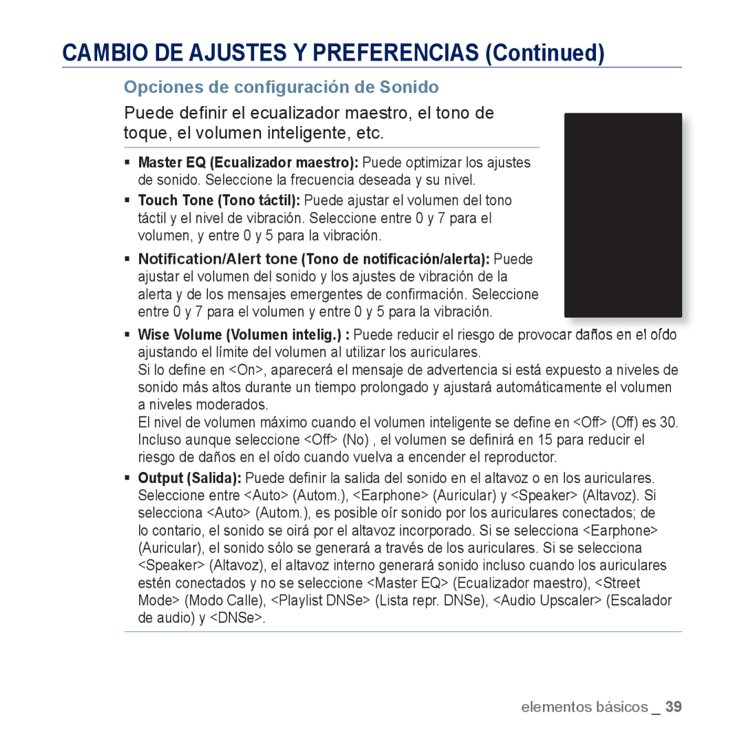 Samsung YP-P3JNB/XEE, YP-P3JCS/XEF, YP-P3JCB/XEF manual Cambio DE Ajustes Y Preferencias, Opciones de conﬁguración de Sonido 