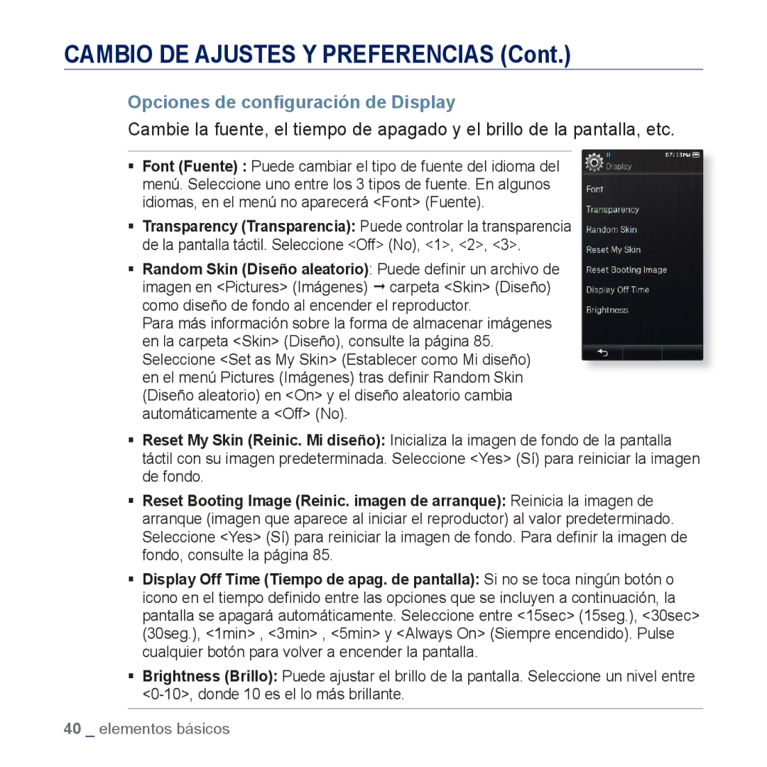 Samsung YP-P3JCS/XEF, YP-P3JCB/XEF, YP-P3JNS/XEE, YP-P3JCS/XEE, YP-P3JES/XEE, YP-P3JEB/XEE Opciones de conﬁguración de Display 