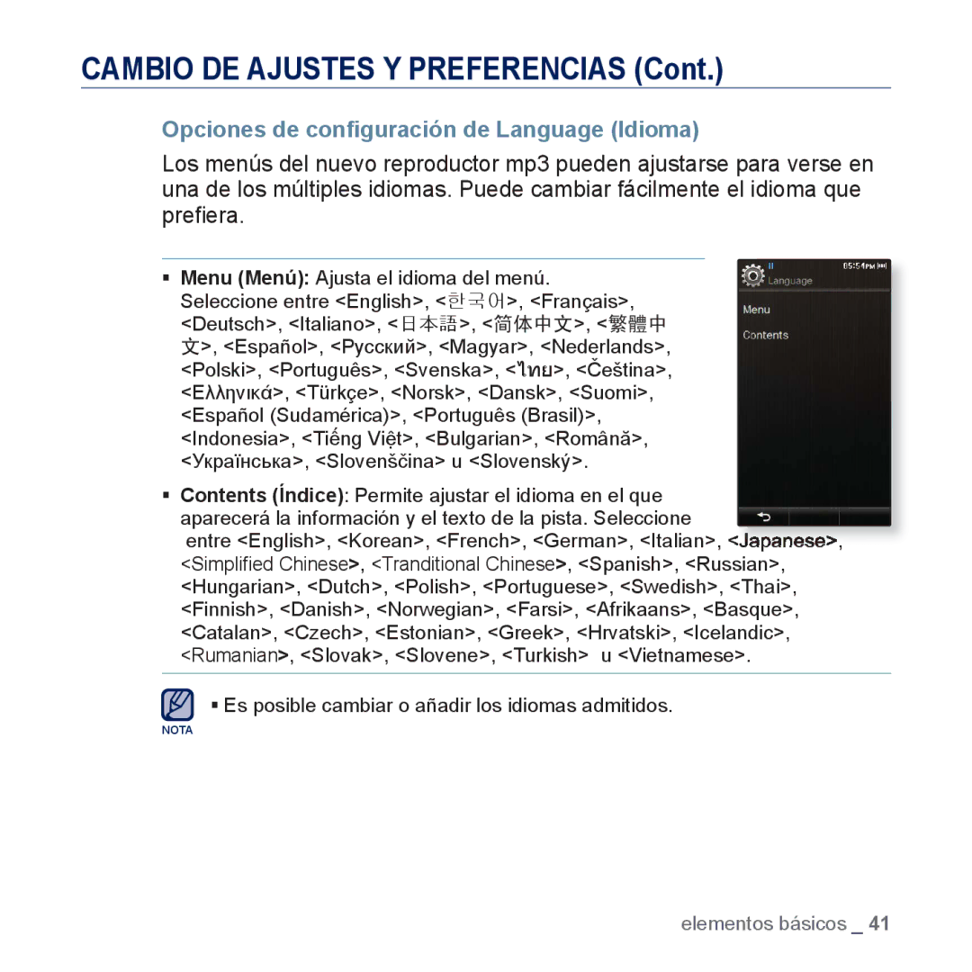 Samsung YP-P3JCB/XEF, YP-P3JCS/XEF, YP-P3JNS/XEE, YP-P3JCS/XEE, YP-P3JES/XEE manual Opciones de conﬁguración de Language Idioma 