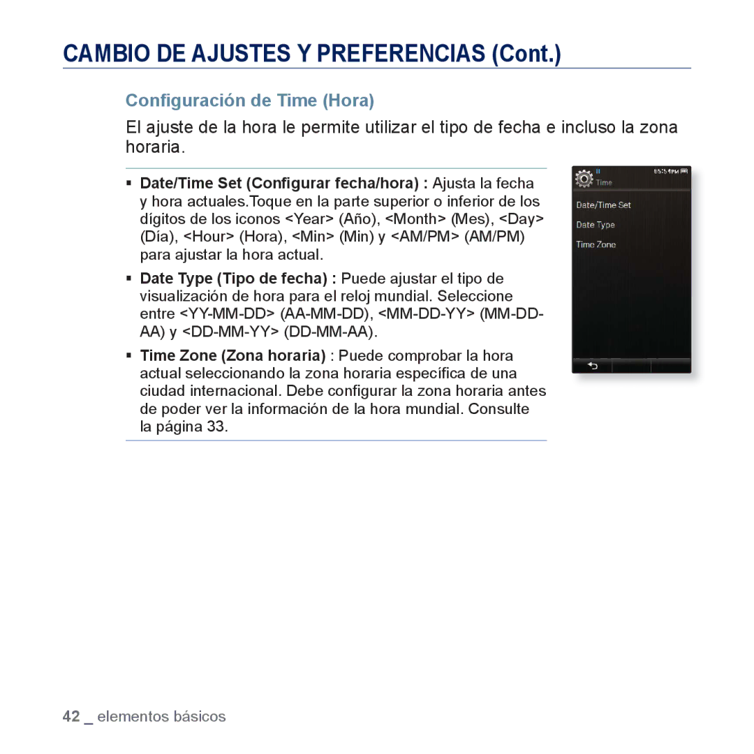 Samsung YP-P3JNS/XEE, YP-P3JCS/XEF, YP-P3JCB/XEF, YP-P3JCS/XEE, YP-P3JES/XEE, YP-P3JEB/XEE manual Conﬁguración de Time Hora 