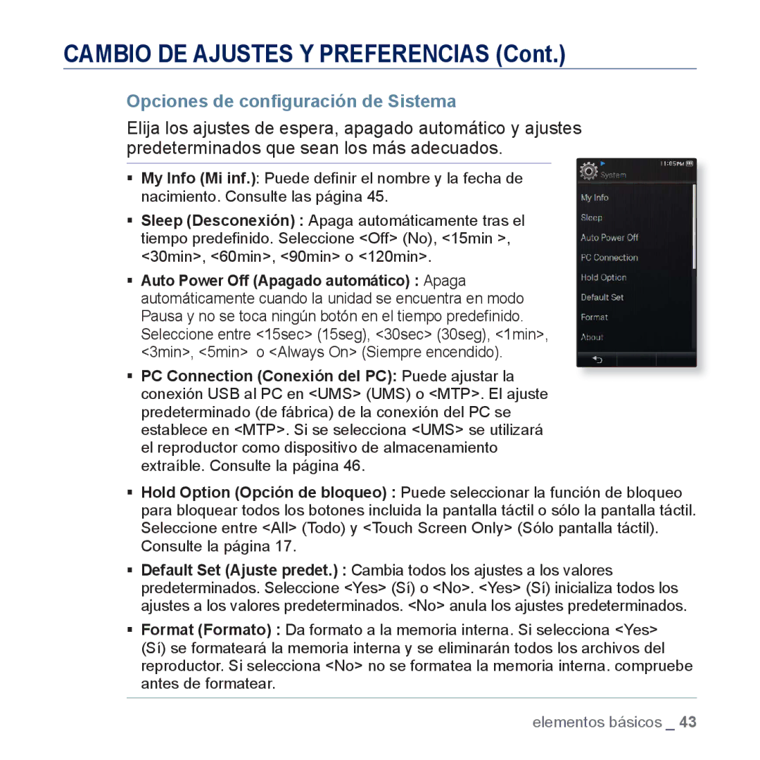 Samsung YP-P3JCS/XEE, YP-P3JCS/XEF, YP-P3JCB/XEF, YP-P3JNS/XEE, YP-P3JES/XEE, YP-P3JEB/XEE Opciones de conﬁguración de Sistema 