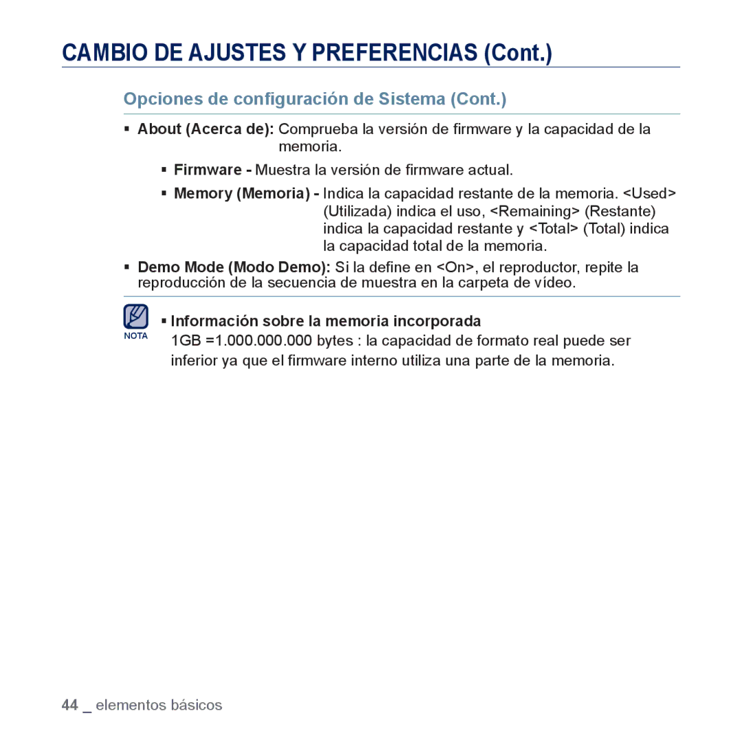 Samsung YP-P3JES/XEE, YP-P3JCS/XEF, YP-P3JCB/XEF, YP-P3JNS/XEE, YP-P3JCS/XEE manual ƒ Información sobre la memoria incorporada 