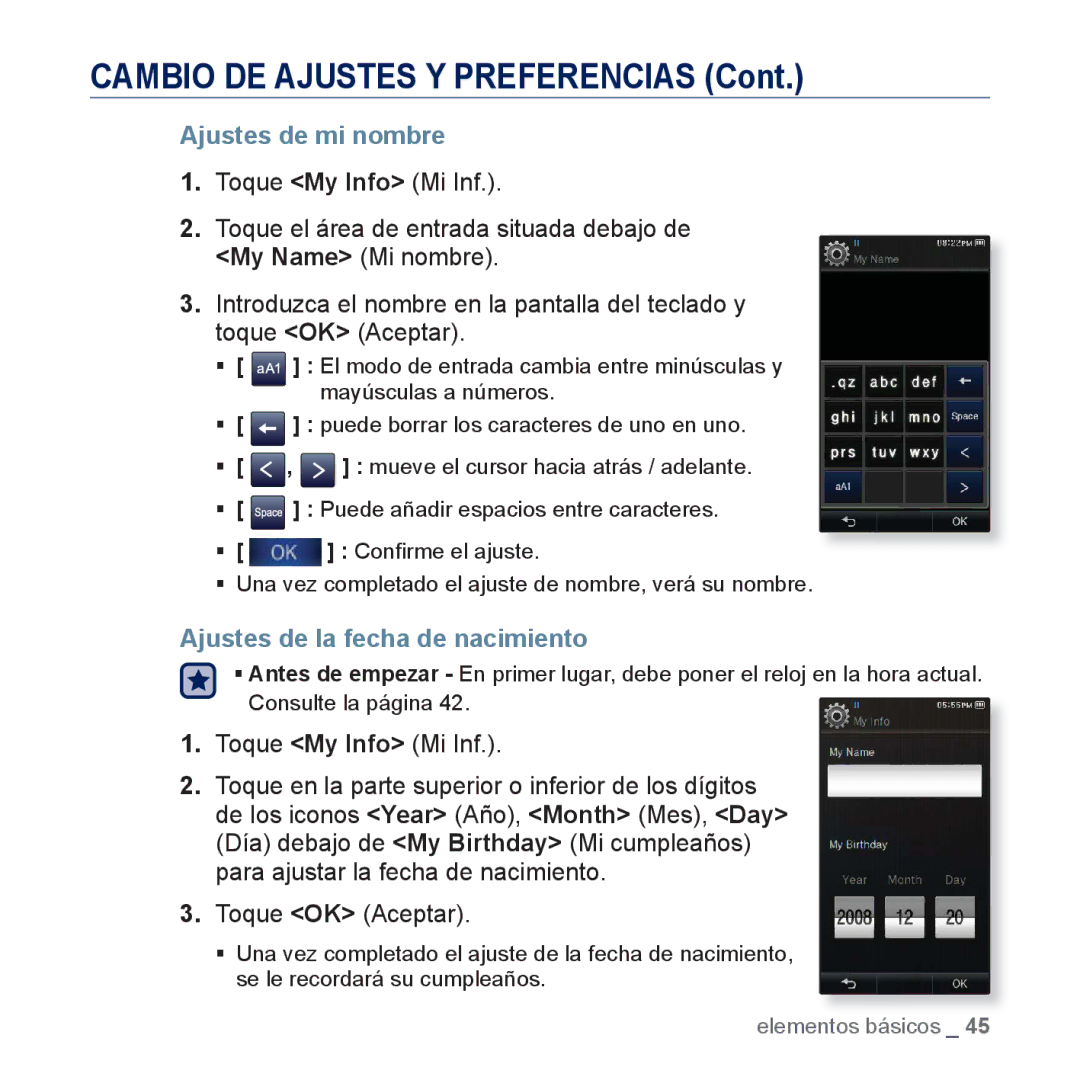 Samsung YP-P3JEB/XEE, YP-P3JCS/XEF, YP-P3JCB/XEF, YP-P3JNS/XEE manual Ajustes de mi nombre, Ajustes de la fecha de nacimiento 