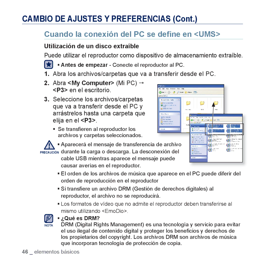 Samsung YP-P3JCB/XEE manual Cuando la conexión del PC se deﬁne en UMS, Utilización de un disco extraíble, ƒ ¿Qué es DRM? 