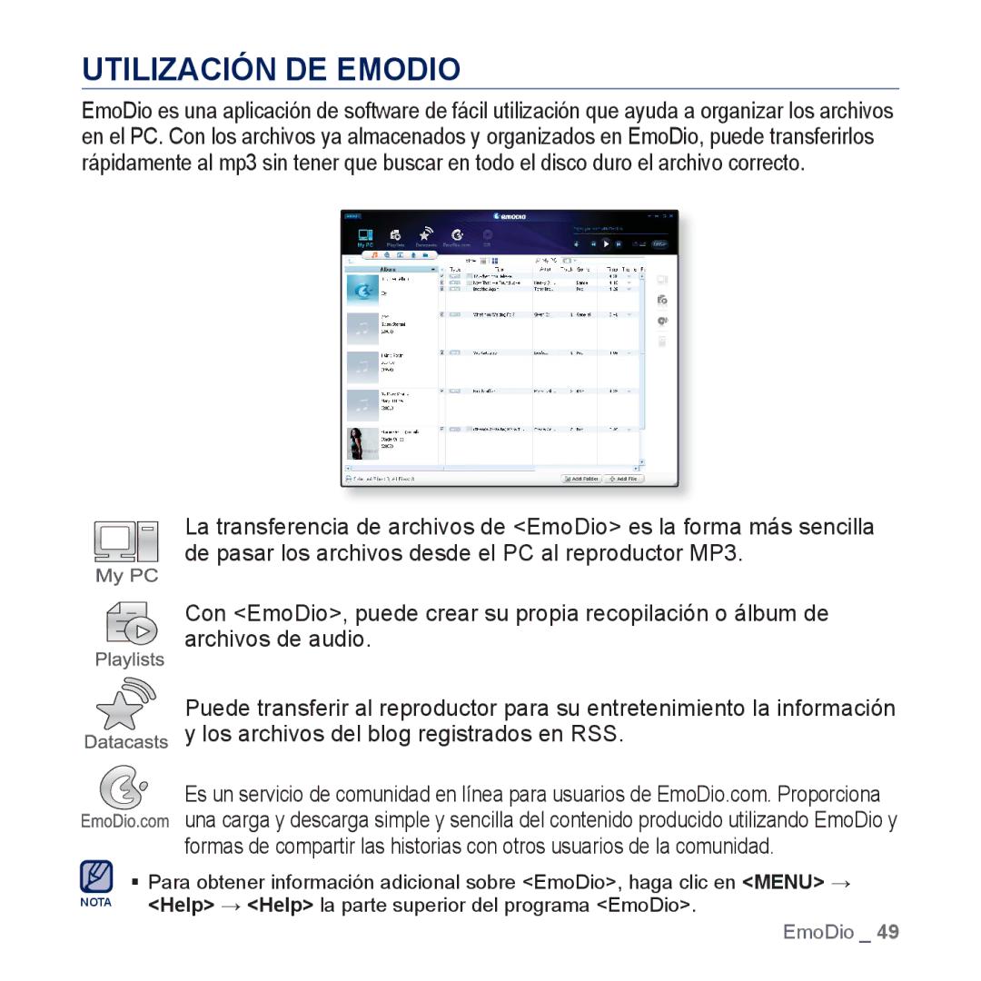 Samsung YP-P3JCB/XEF, YP-P3JCS/XEF, YP-P3JNS/XEE Utilización DE Emodio, Help → Help la parte superior del programa EmoDio 