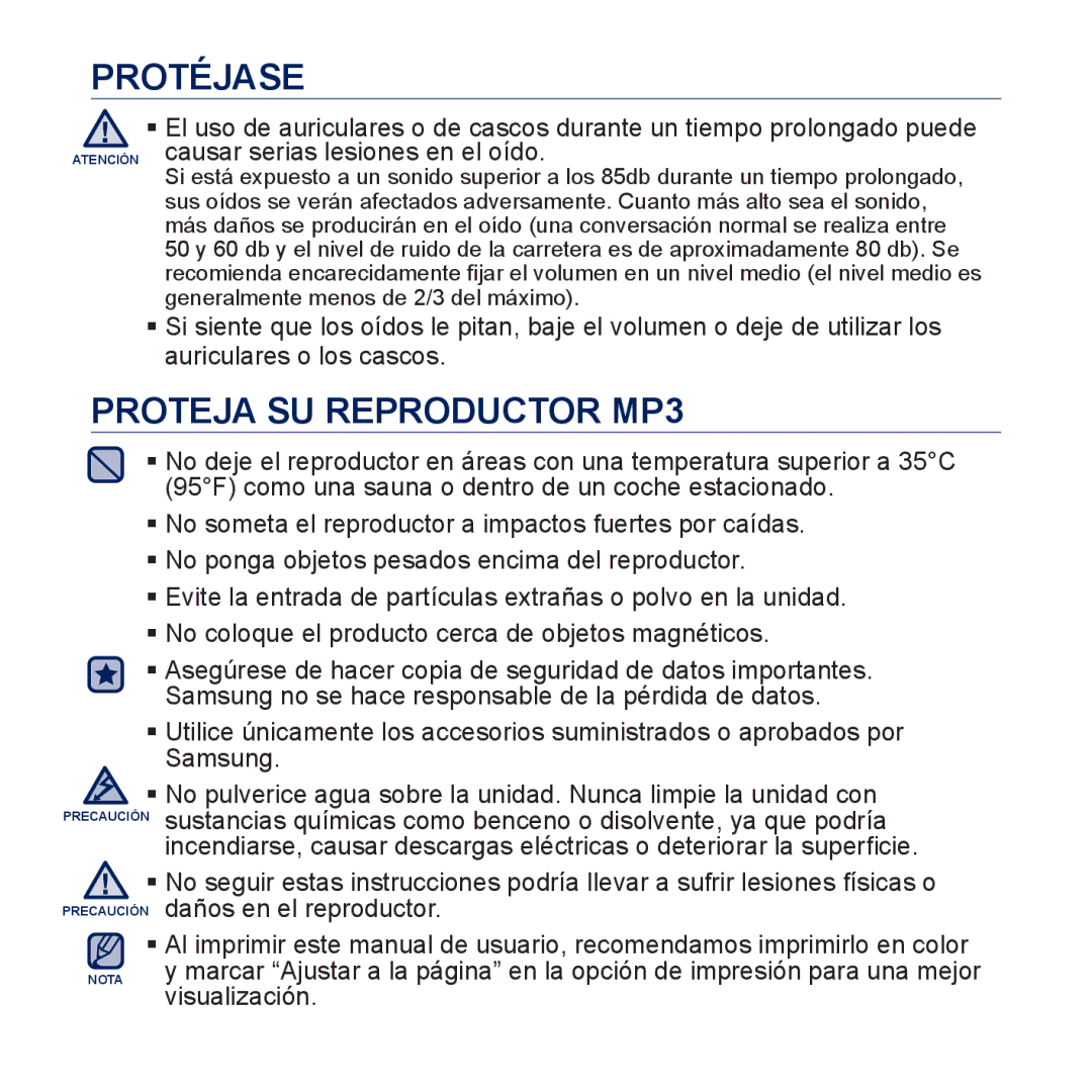 Samsung YP-P3JEB/XEE, YP-P3JCS/XEF, YP-P3JCB/XEF, YP-P3JNS/XEE, YP-P3JCS/XEE manual Proteja SU Reproductor MP3, Visualización 