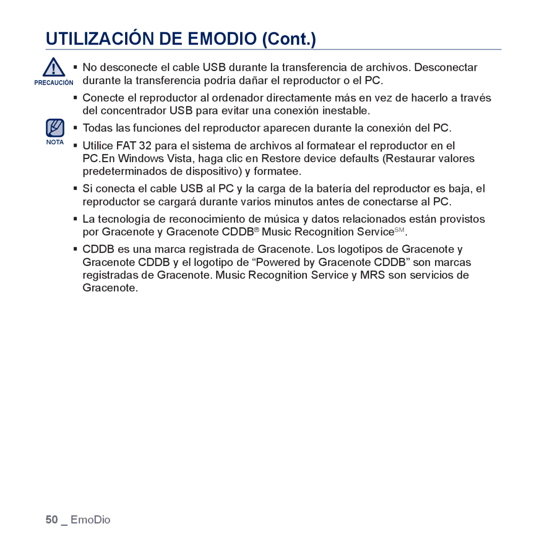 Samsung YP-P3JNS/XEE, YP-P3JCS/XEF, YP-P3JCB/XEF, YP-P3JCS/XEE, YP-P3JES/XEE, YP-P3JEB/XEE, YP-P3JCB/XEE Utilización DE Emodio 