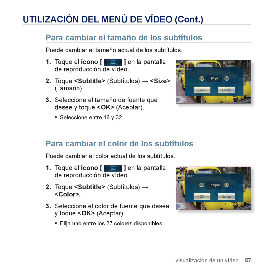 Samsung YP-P3JCB/XEF manual Para cambiar el tamaño de los subtítulos, Para cambiar el color de los subtítulos, Color 