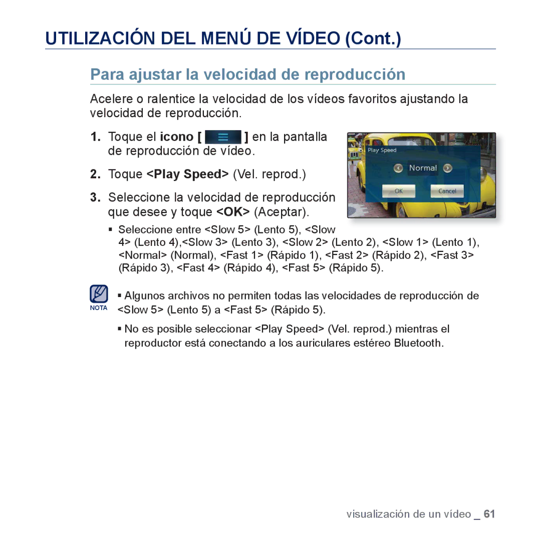 Samsung YP-P3JEB/XEE, YP-P3JCS/XEF, YP-P3JCB/XEF, YP-P3JNS/XEE, YP-P3JCS/XEE manual Para ajustar la velocidad de reproducción 