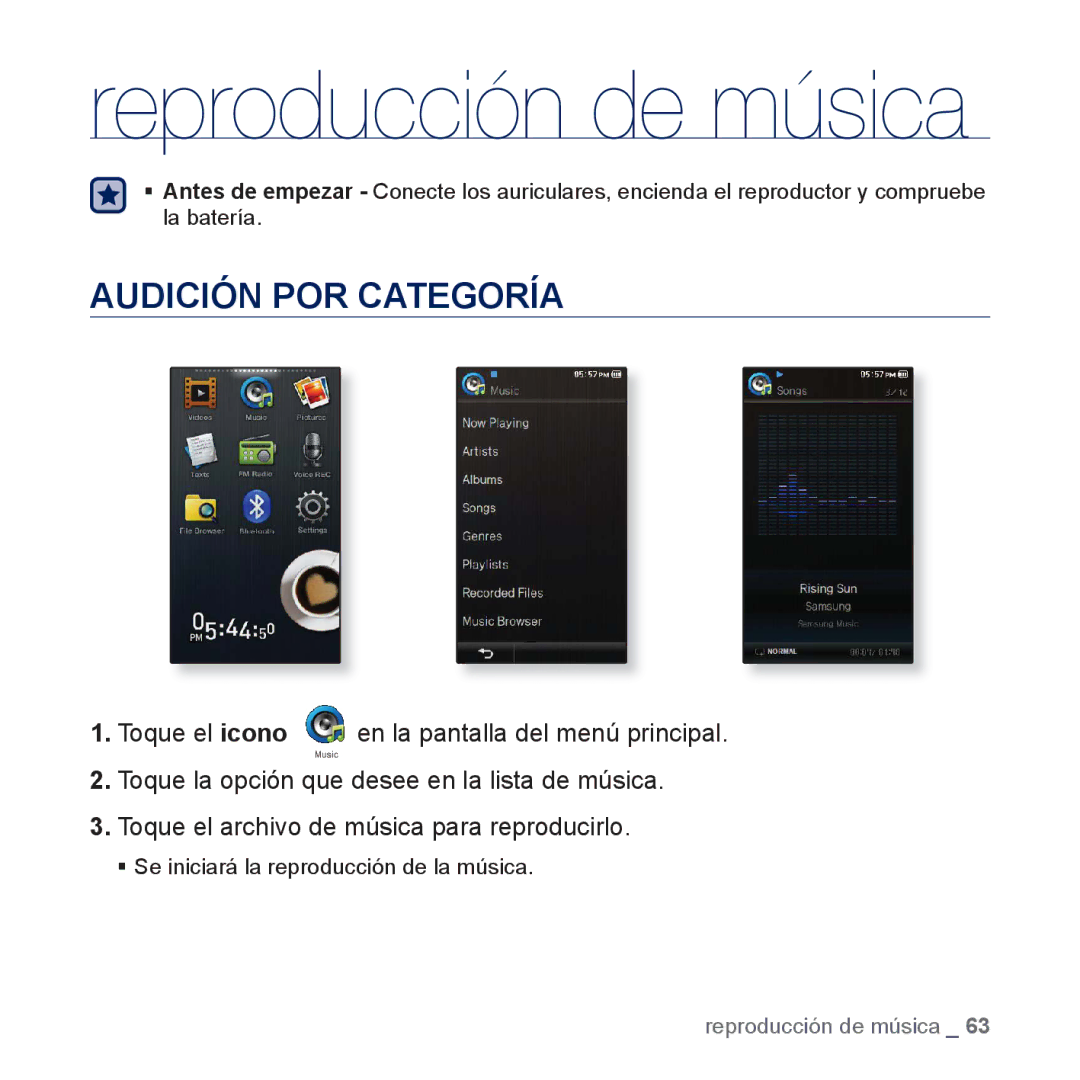 Samsung YP-P3JNB/XEE, YP-P3JCS/XEF, YP-P3JCB/XEF, YP-P3JNS/XEE, YP-P3JCS/XEE Reproducción de música, Audición POR Categoría 