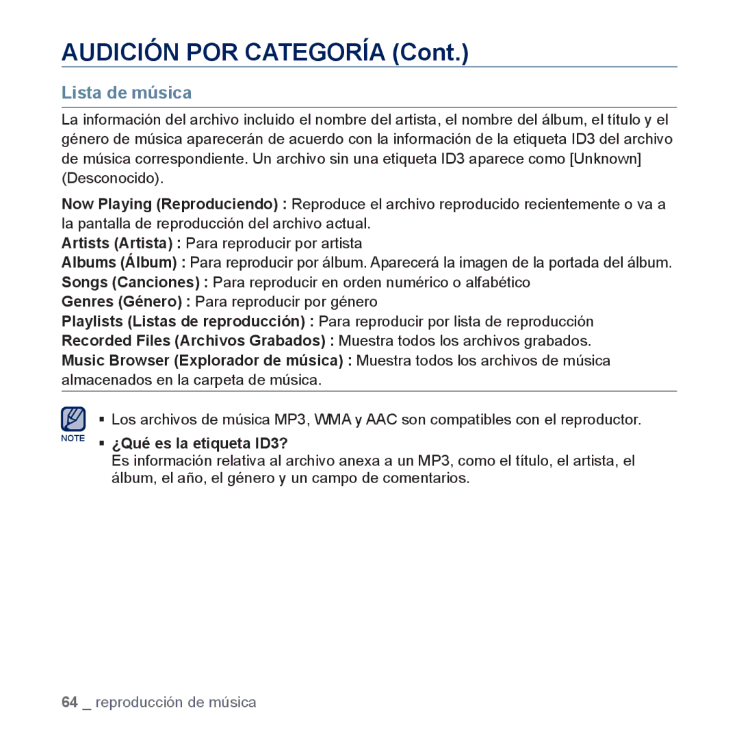 Samsung YP-P3JCS/XEF, YP-P3JCB/XEF, YP-P3JNS/XEE, YP-P3JCS/XEE, YP-P3JES/XEE manual Audición POR Categoría, Lista de música 