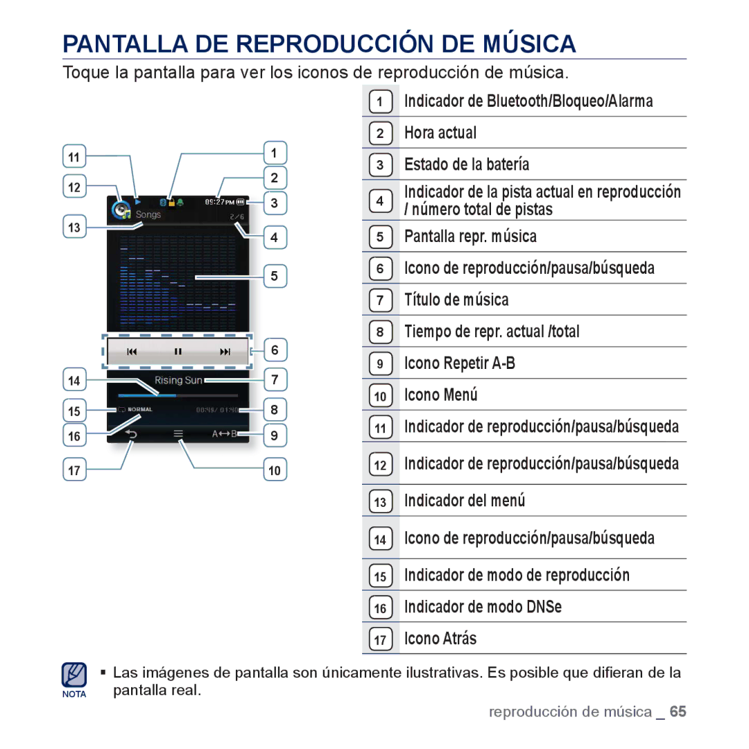 Samsung YP-P3JCB/XEF manual Pantalla DE Reproducción DE Música, Hora actual Estado de la batería, Indicador del menú 