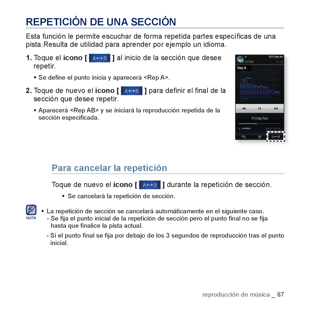 Samsung YP-P3JCS/XEE, YP-P3JCS/XEF, YP-P3JCB/XEF, YP-P3JNS/XEE manual Repetición DE UNA Sección, Para cancelar la repetición 