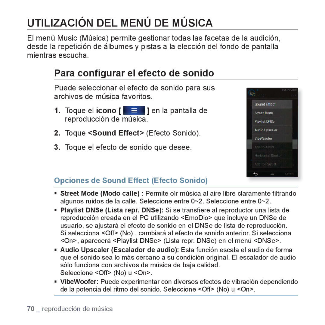 Samsung YP-P3JCB/XEE, YP-P3JCS/XEF, YP-P3JCB/XEF Utilización DEL Menú DE Música, Opciones de Sound Effect Efecto Sonido 