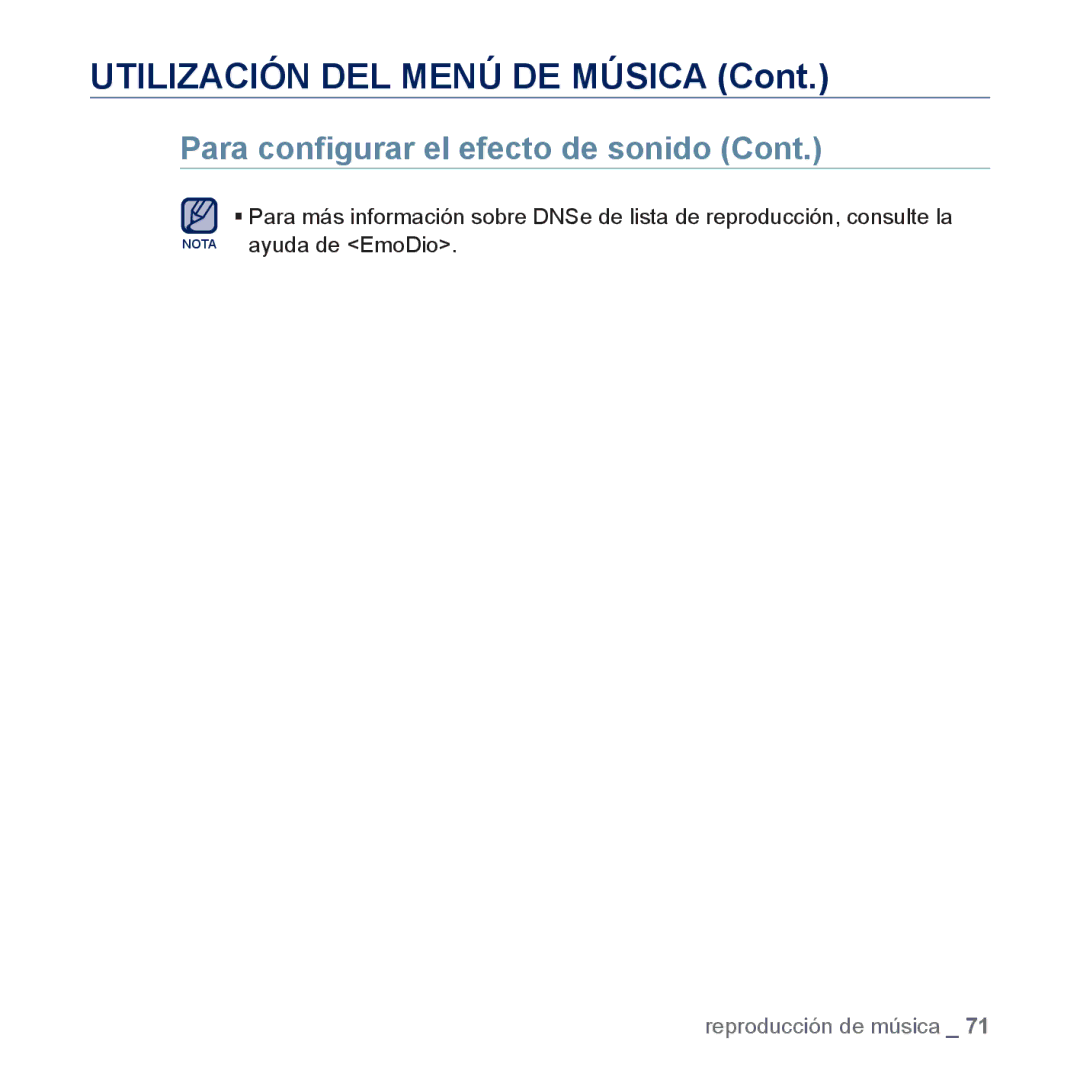 Samsung YP-P3JNB/XEE, YP-P3JCS/XEF, YP-P3JCB/XEF manual Utilización DEL Menú DE Música, Para conﬁgurar el efecto de sonido 