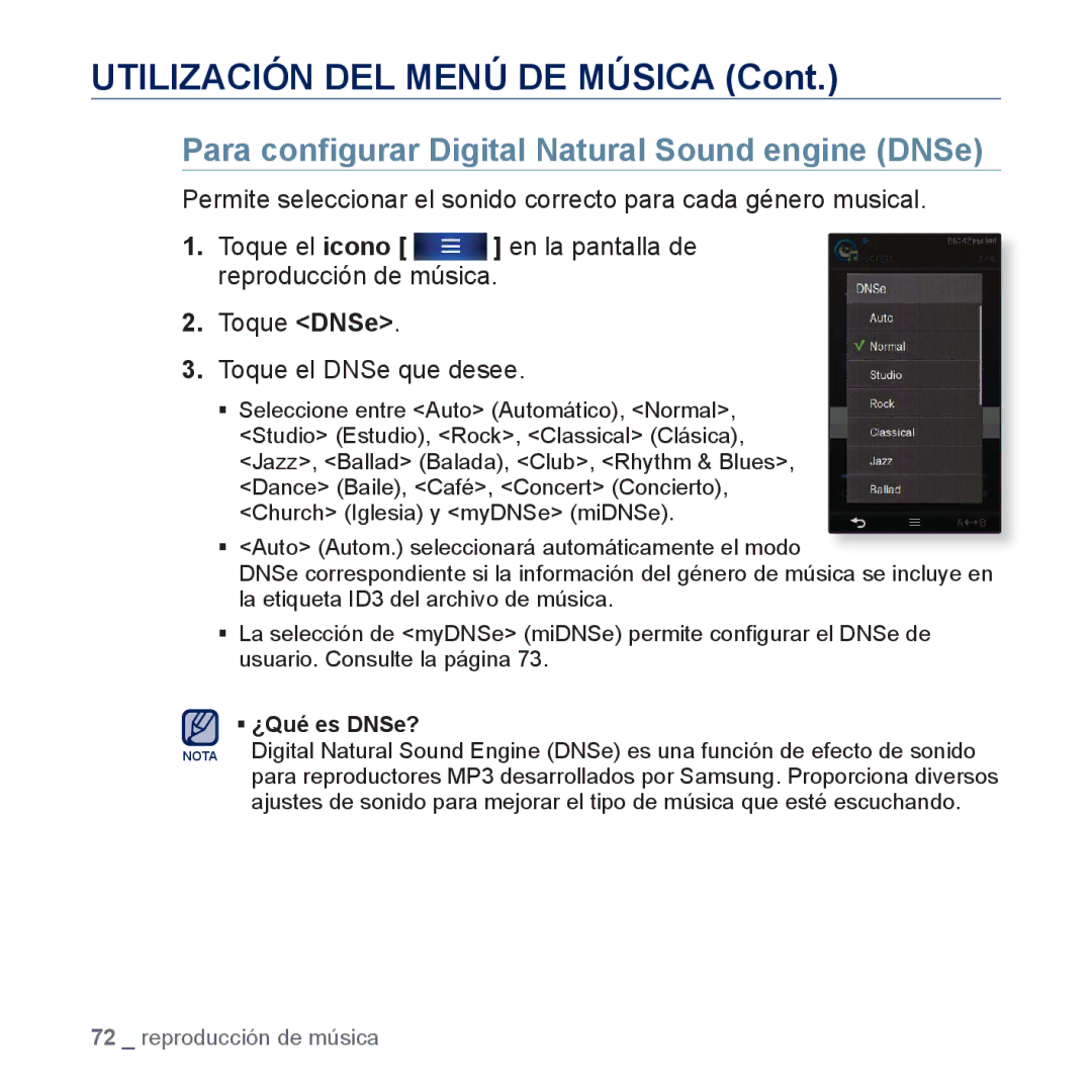 Samsung YP-P3JCS/XEF, YP-P3JCB/XEF, YP-P3JNS/XEE, YP-P3JCS/XEE, YP-P3JES/XEE Para conﬁgurar Digital Natural Sound engine DNSe 