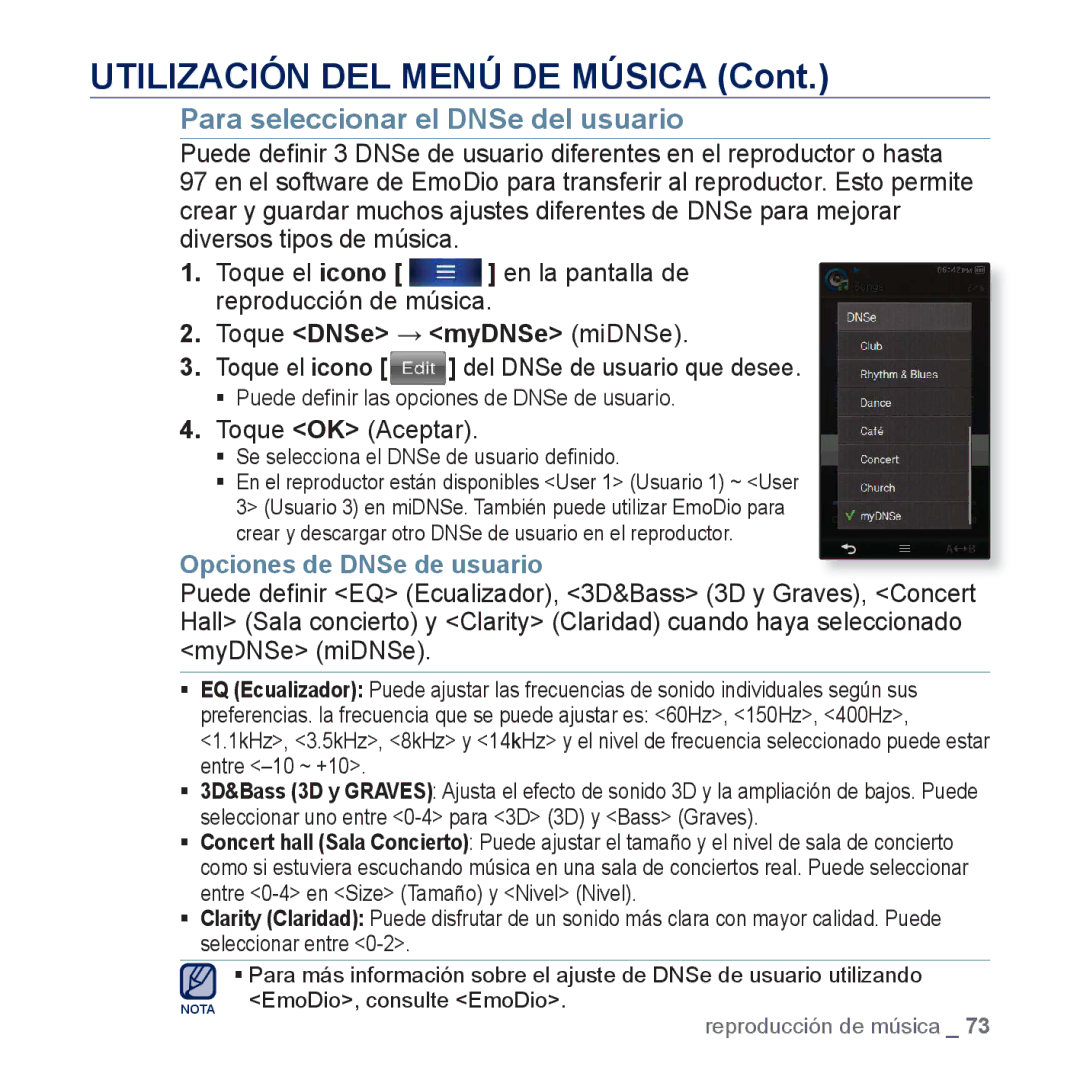 Samsung YP-P3JCB/XEF, YP-P3JCS/XEF, YP-P3JNS/XEE, YP-P3JCS/XEE manual Opciones de DNSe de usuario, EmoDio, consulte EmoDio 