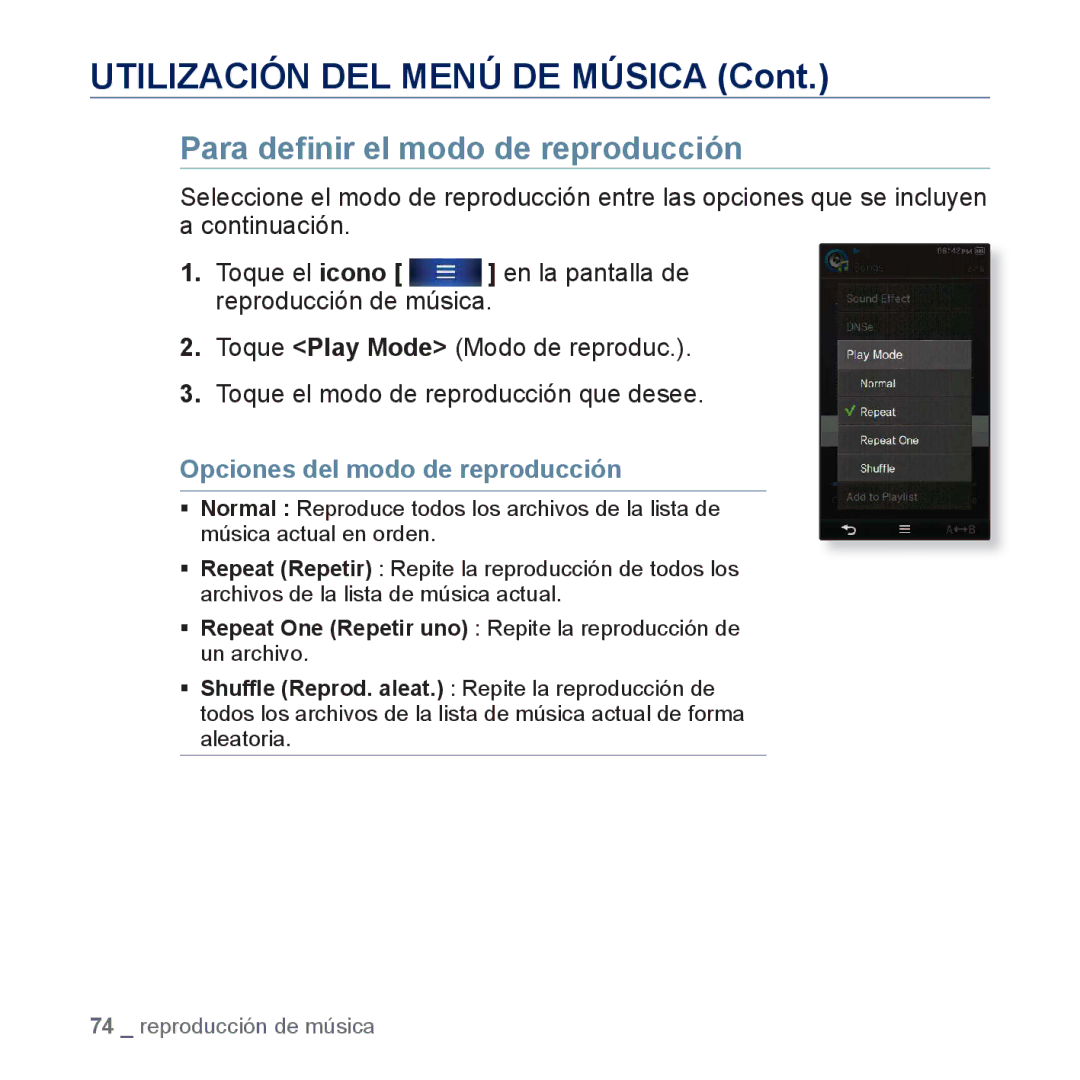 Samsung YP-P3JNS/XEE, YP-P3JCS/XEF, YP-P3JCB/XEF Para deﬁnir el modo de reproducción, Opciones del modo de reproducción 