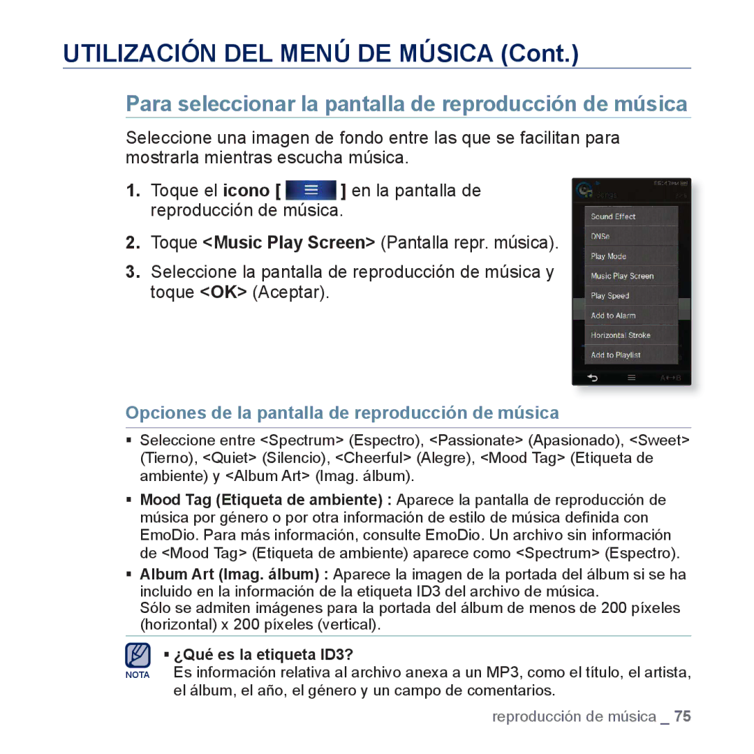 Samsung YP-P3JCS/XEE, YP-P3JCS/XEF manual Para seleccionar la pantalla de reproducción de música, ƒ ¿Qué es la etiqueta ID3? 