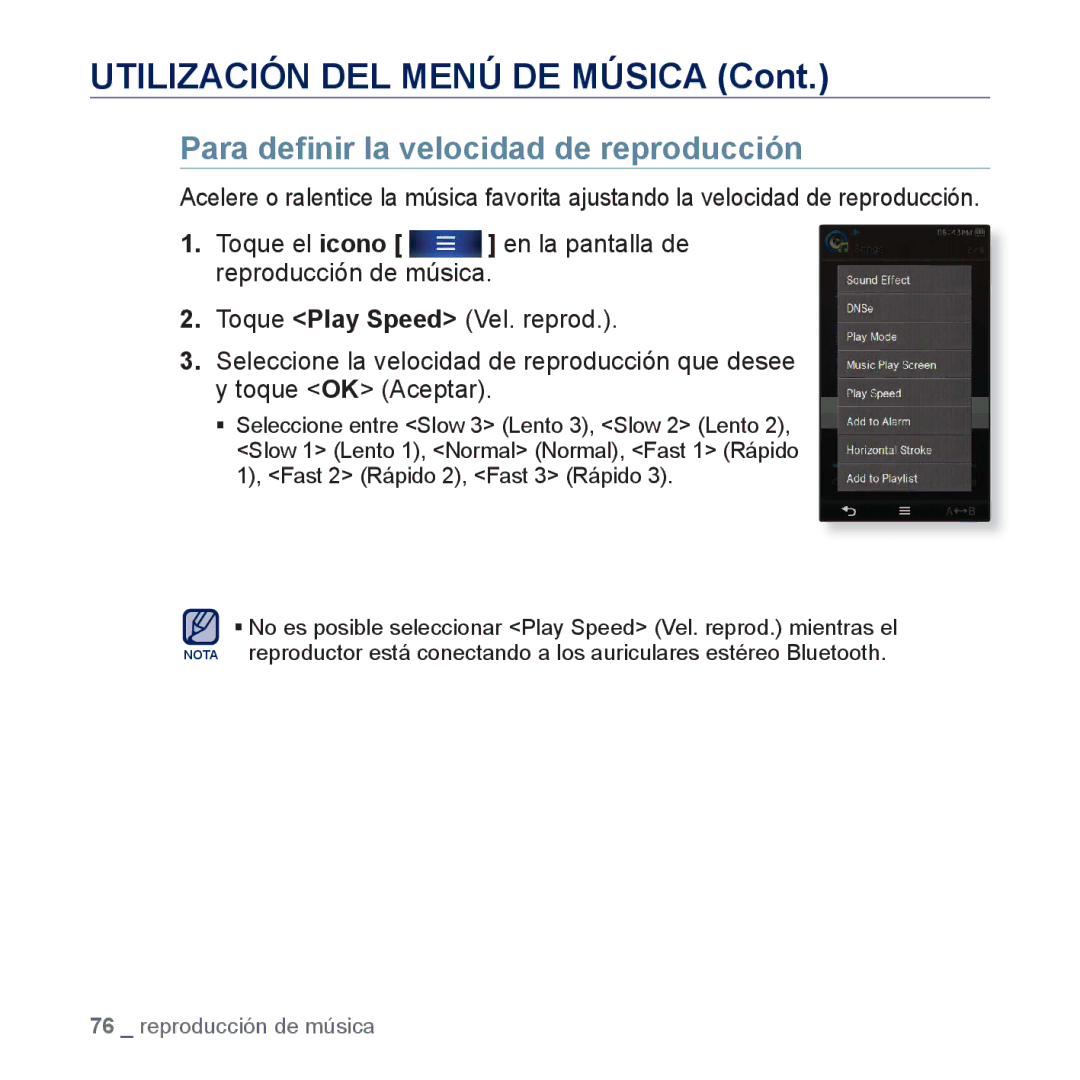 Samsung YP-P3JES/XEE, YP-P3JCS/XEF, YP-P3JCB/XEF, YP-P3JNS/XEE, YP-P3JCS/XEE manual Para deﬁnir la velocidad de reproducción 