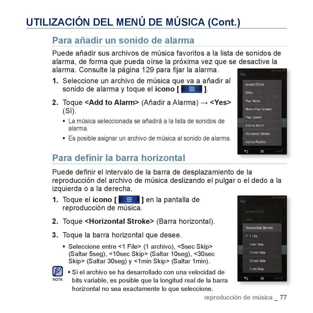 Samsung YP-P3JEB/XEE, YP-P3JCS/XEF, YP-P3JCB/XEF manual Para añadir un sonido de alarma, Para deﬁnir la barra horizontal 