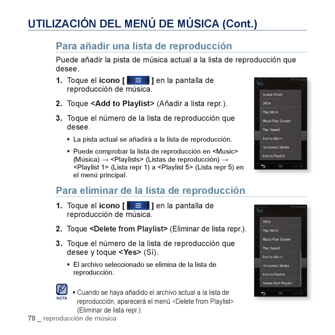 Samsung YP-P3JCB/XEE, YP-P3JCS/XEF manual Para añadir una lista de reproducción, Para eliminar de la lista de reproducción 