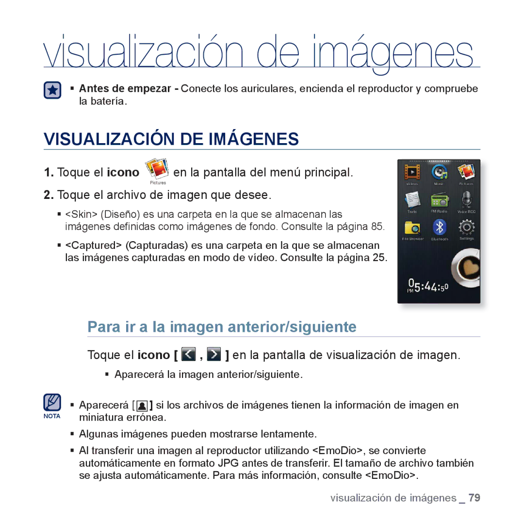 Samsung YP-P3JNB/XEE, YP-P3JCS/XEF, YP-P3JCB/XEF manual Visualización DE Imágenes, Para ir a la imagen anterior/siguiente 