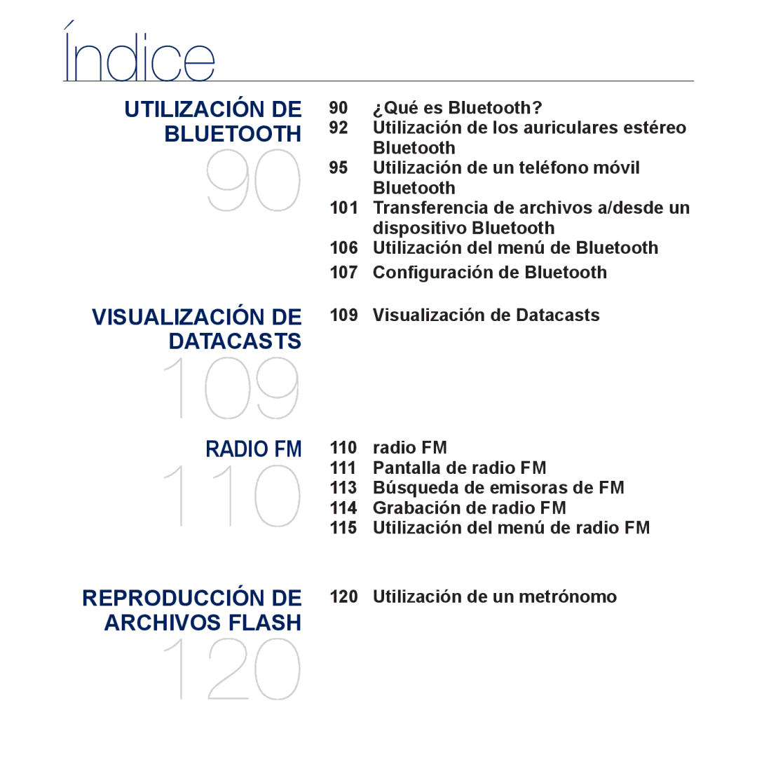 Samsung YP-P3JCS/XEF, YP-P3JCB/XEF, YP-P3JNS/XEE manual Visualización de Datacasts, Radio FM, Utilización de un metrónomo 